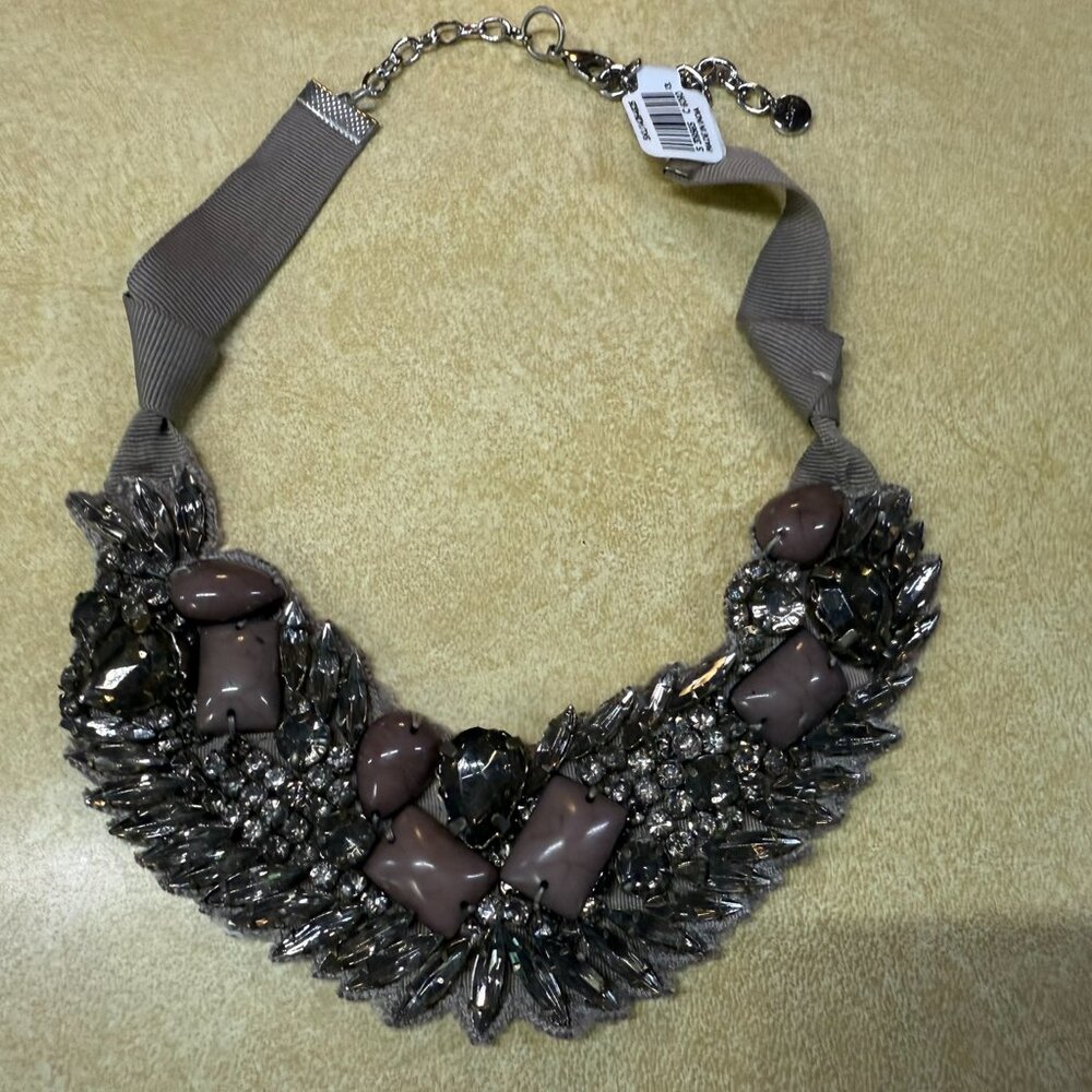 Loft Fabric Strap Bib Necklace with Gray & Pink Beads